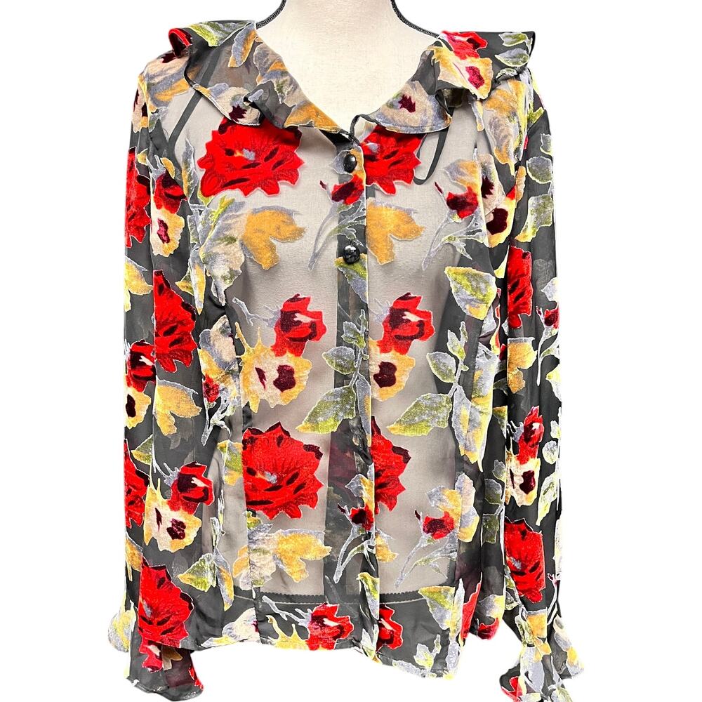 vintage women's sz16 sheer ruffle collar button down burnout floral velvet red